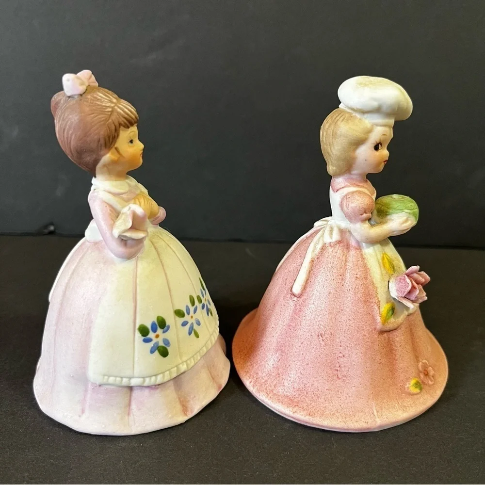 Lefton? Porcelain Bell Set Girl White Apron Baker Pink Roses Chef Garden Lot 2x